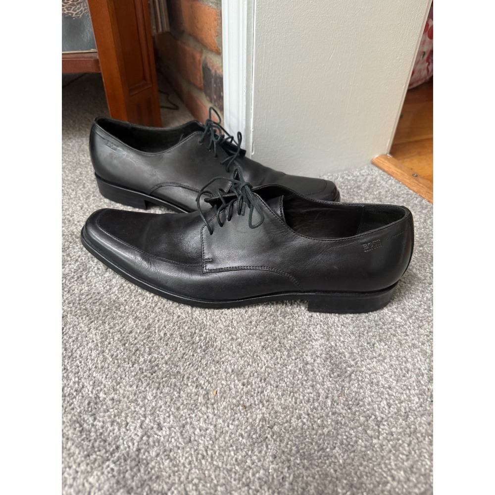 Hugo Boss Mens Black Leather Square Toe Derby Dress Shoes Size 10.5 US